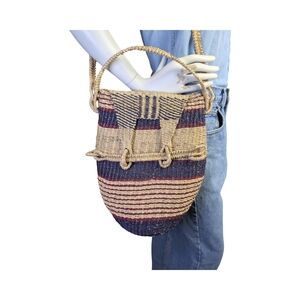 Vintage Handwoven Straw Crossbody Bucket Bag w/ Loop Latch Closure